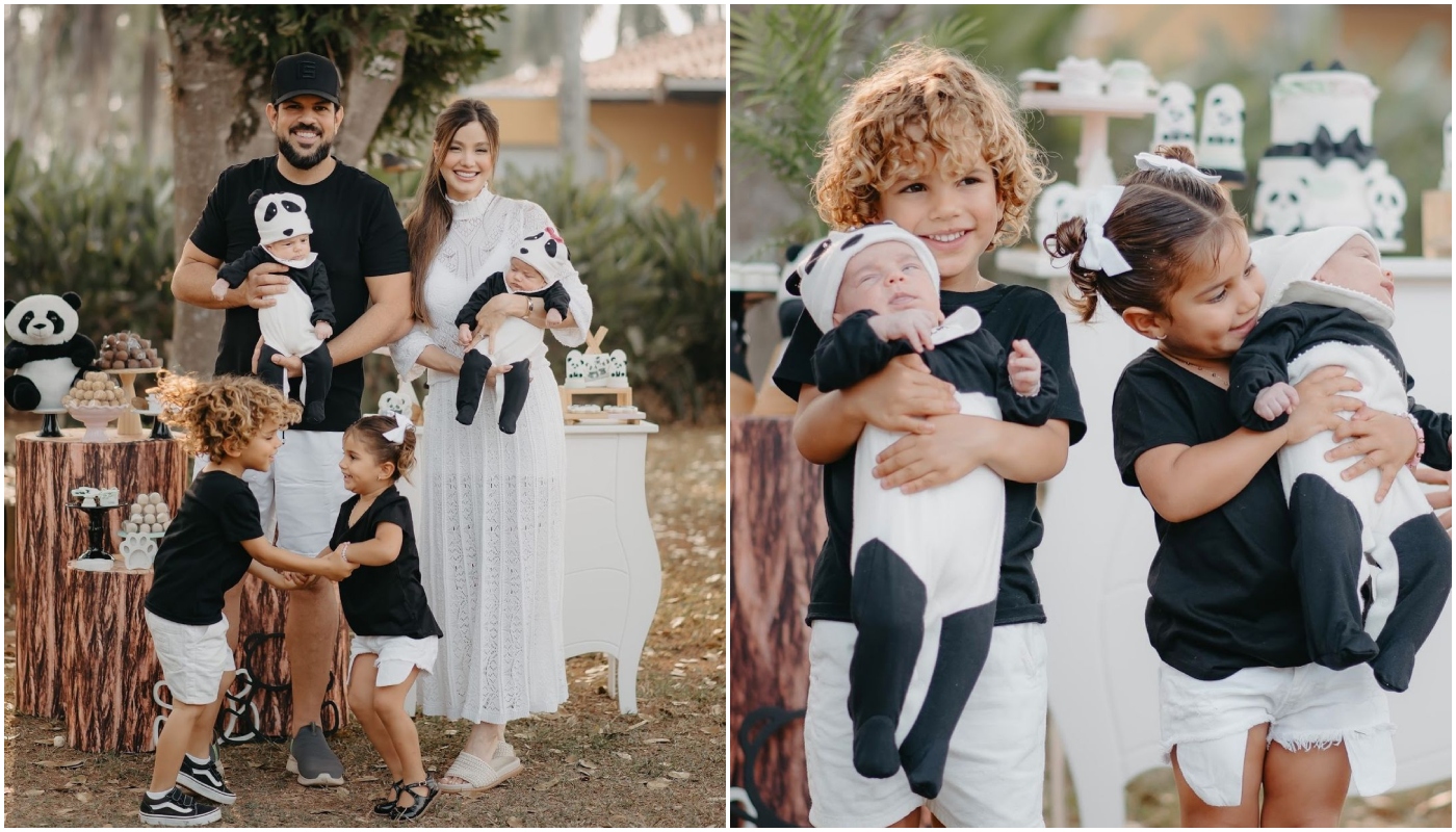 Gêmeos de Sorocaba viram pandas em festinha de mesversário: a família toda entrou na brincadeira