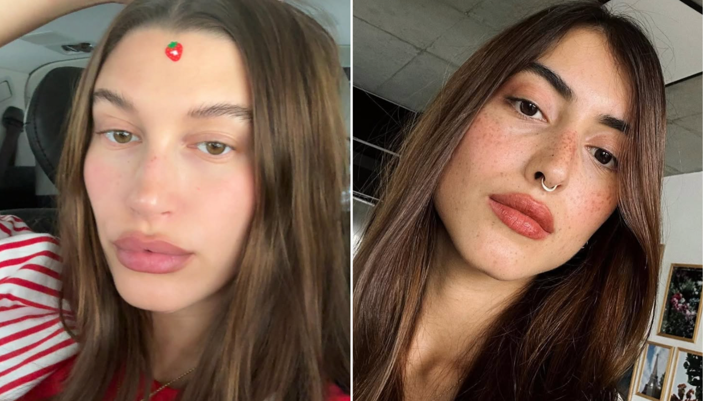 Maquiagem do desfile da Schiaparelli. (Crédito: Reprodução/Instagram @haileybieber | Reprodução/Instagram @majutrindade)