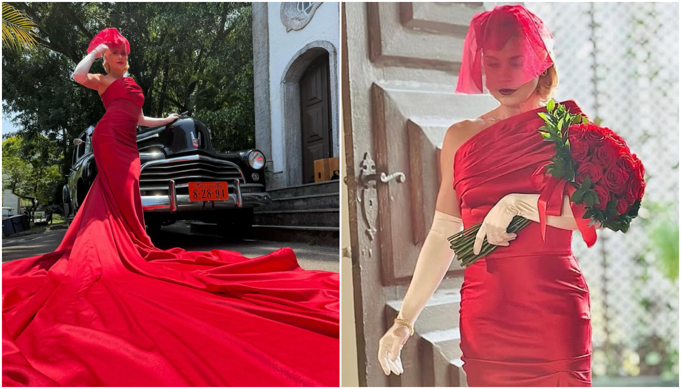 Vestido de noiva vermelho de Sandra em "Êta Mundo Melhor"