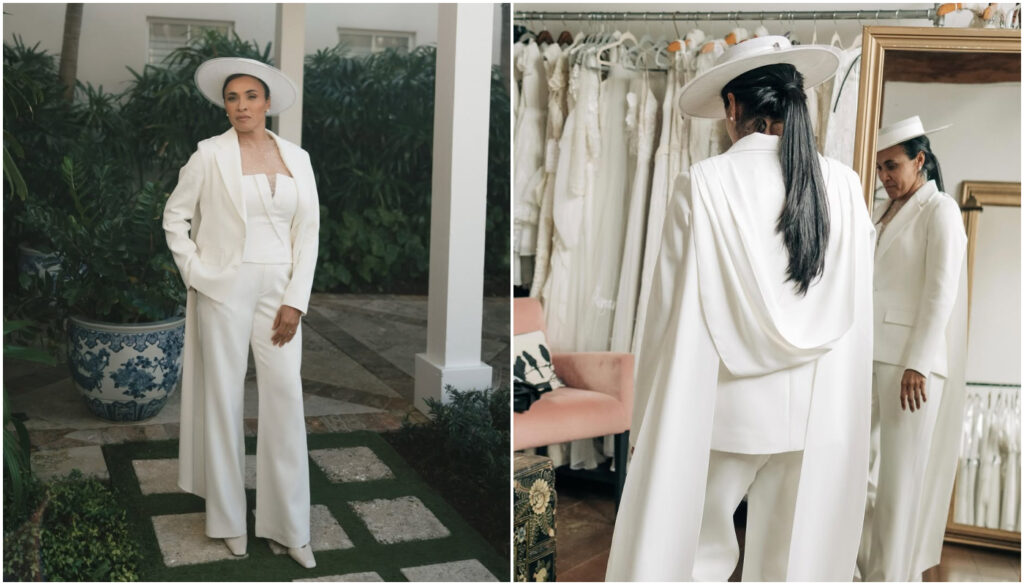 Marta se casa de terno com degagê nas costas e pontas soltas