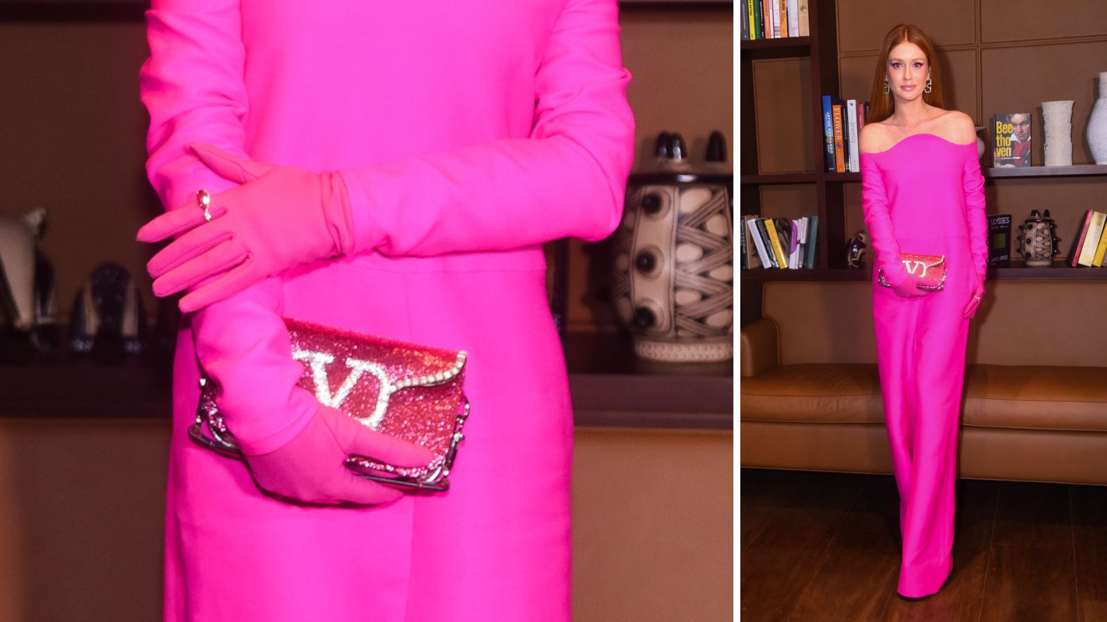 Marina completou o look com as luvas se ligando às mangas do macacão, e outros acessórios poderosos, como a bolsa cravejada de cristais