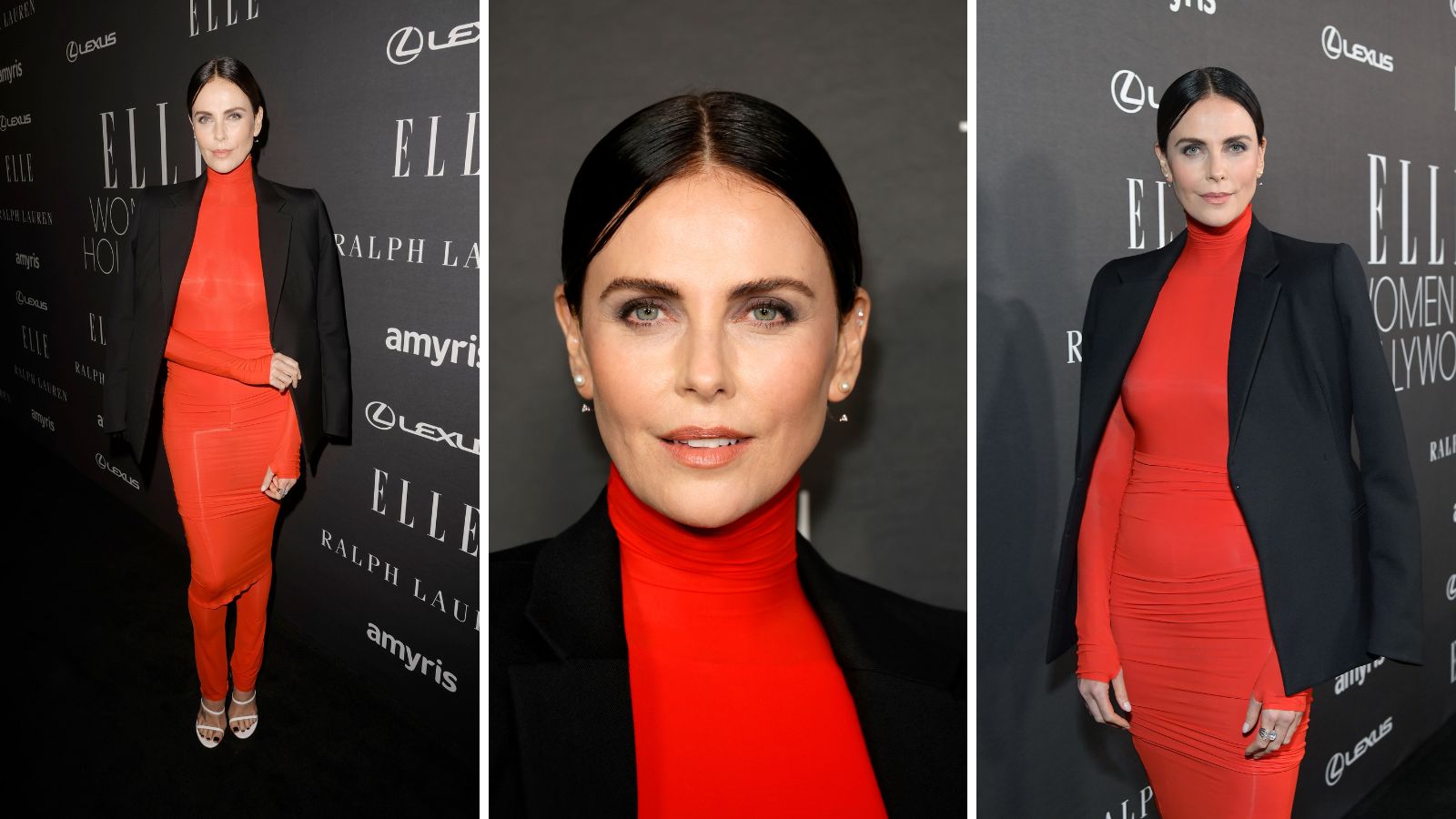 Charlize Theron apareceu imponente com vestido vermelho e casaco preto