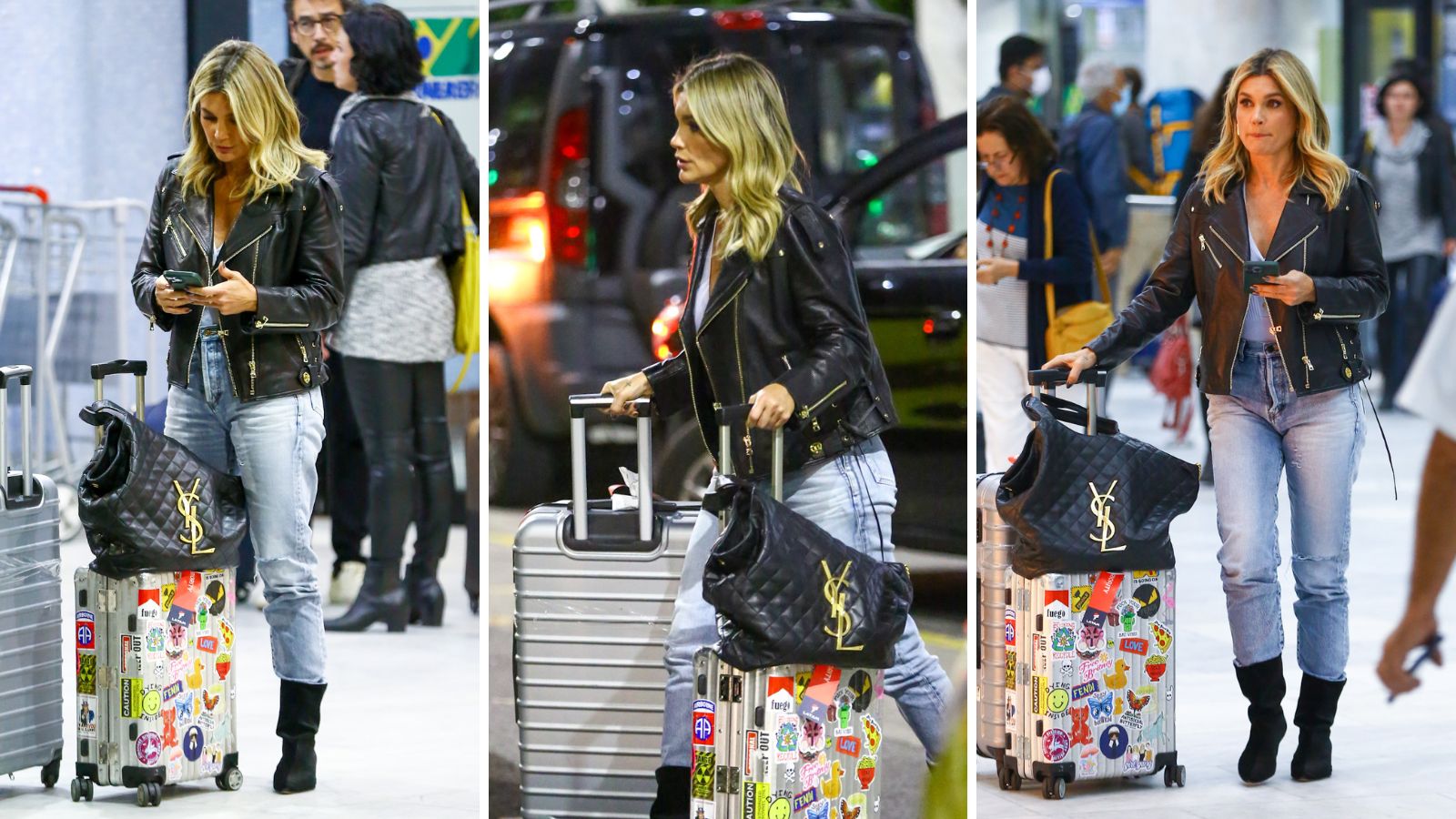Flávia Alessandra aposta em look básico e acessórios relevantes, como a bolsa da Saint Laurent