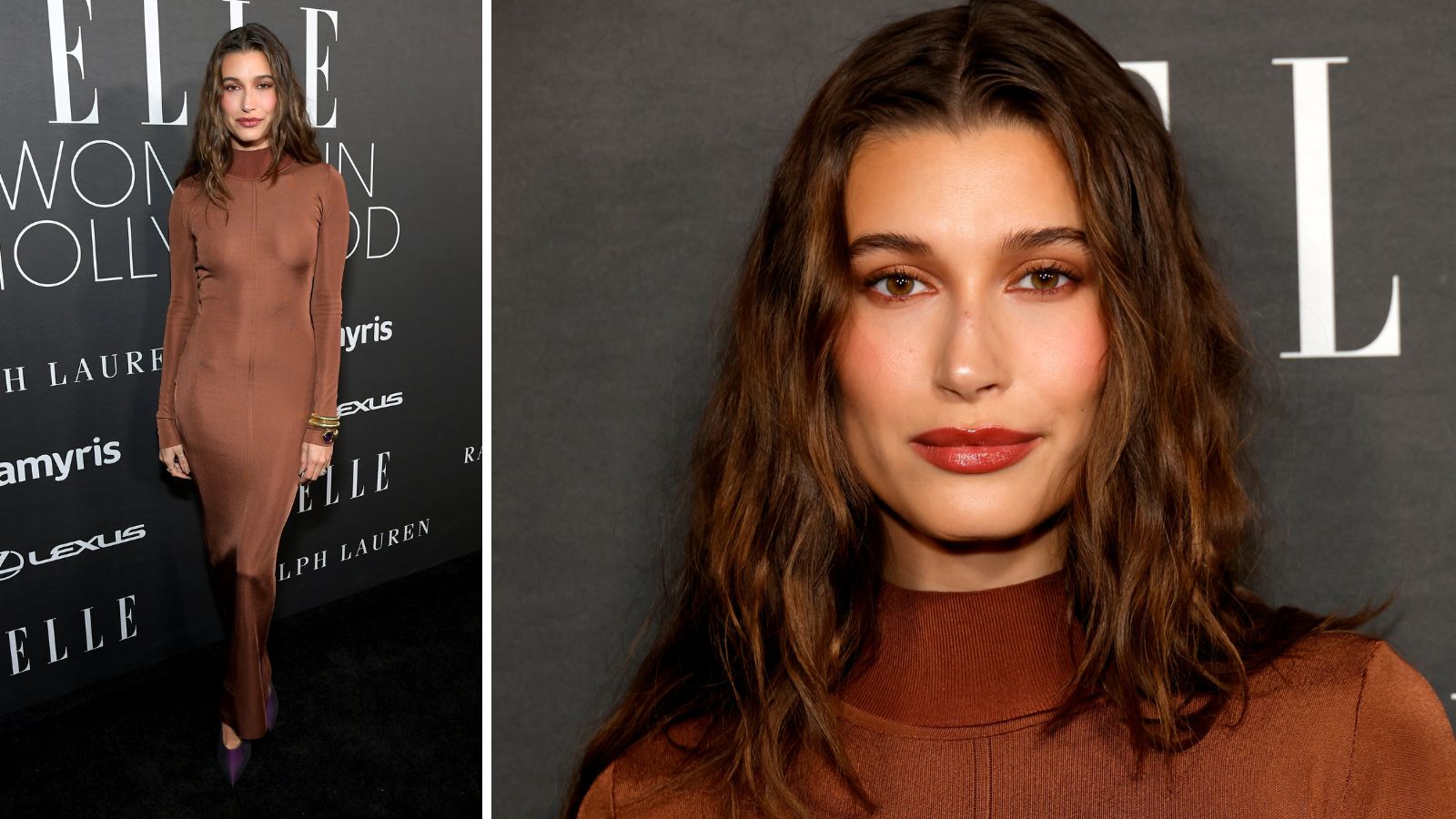 Além do vestido colado, Hailey Bieber combinou a cor da maquiagem com a da produção