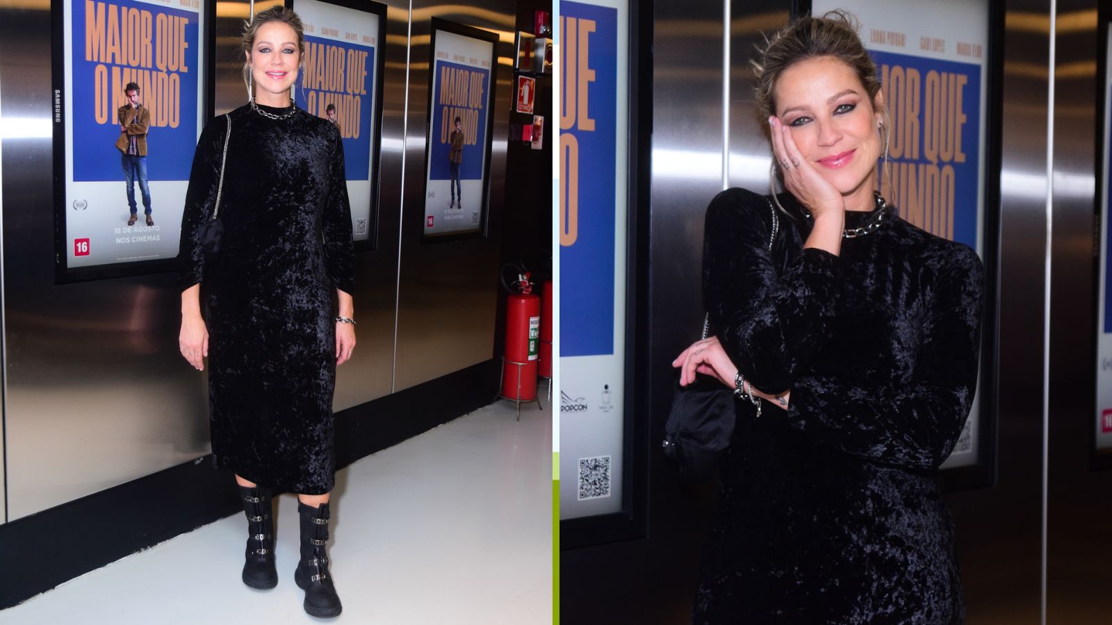 Luana Piovani prestigia estreia, em São Paulo, com look elegante de veludo molhado