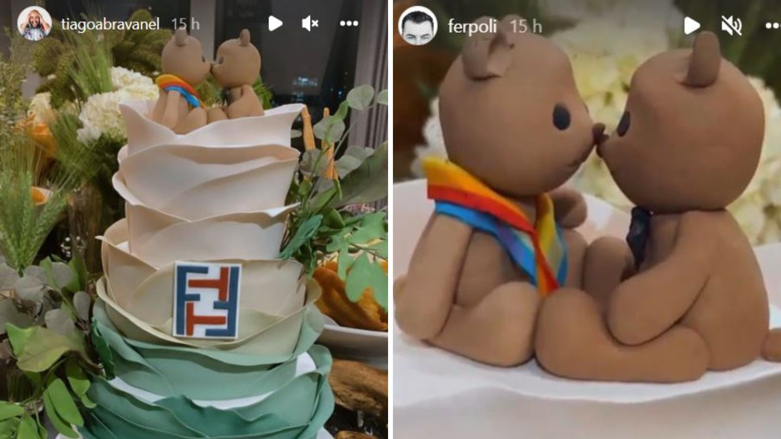 Os ursinhos no topo e as inicias dos noivos na logo do bolo para o casamento
