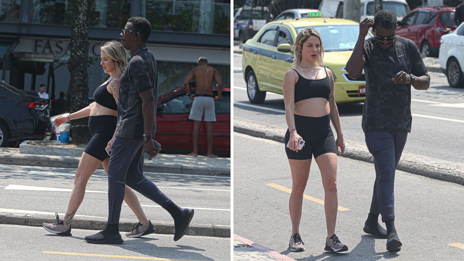Em setembro, Seu Jorge e Karina, com a barriga já aparecendo, passearam por uma praia no Rio