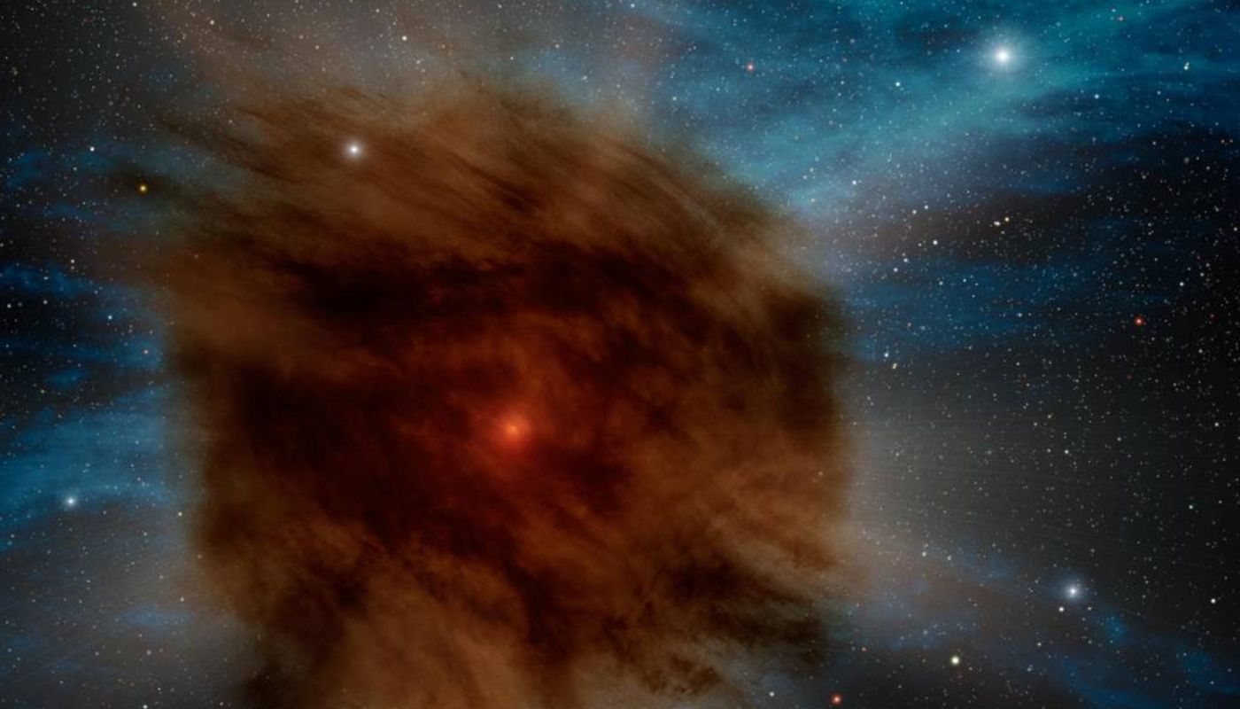 Exemplo de uma supernova encontrada durante a busca do Spitzer Space Telescope, da NASA, por buracos negros; a estrela está envolvida em uma nuvem da própria poeira.