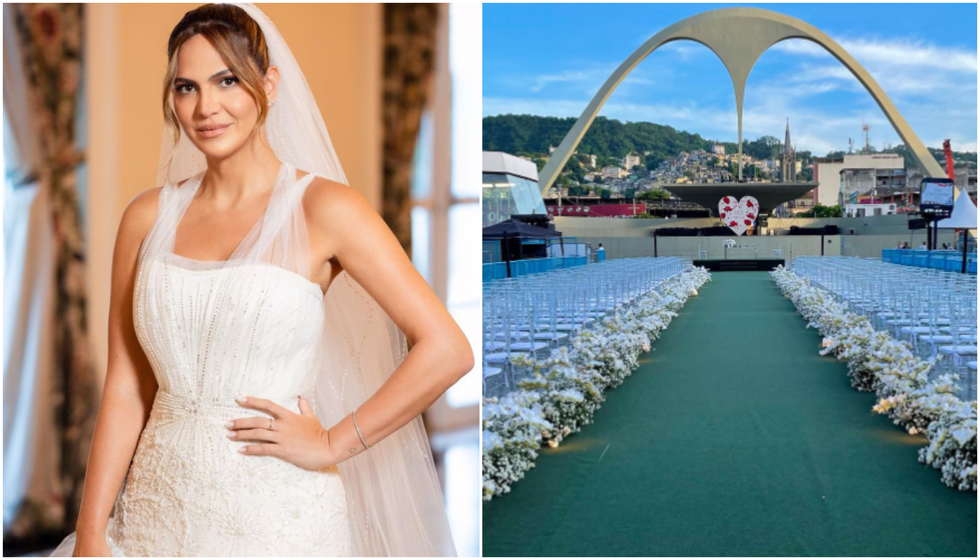 Casamento de Carol Sampaio na Sapucaí teve Apoteose como cenário, 60 metros de tule no vestido e mais