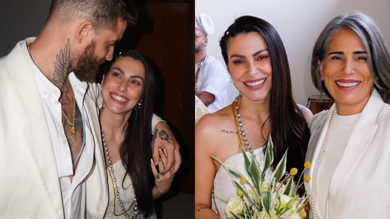 Cleo abre álbum de fotos da bênção de casamento: Gloria Pires usou terninho elegante