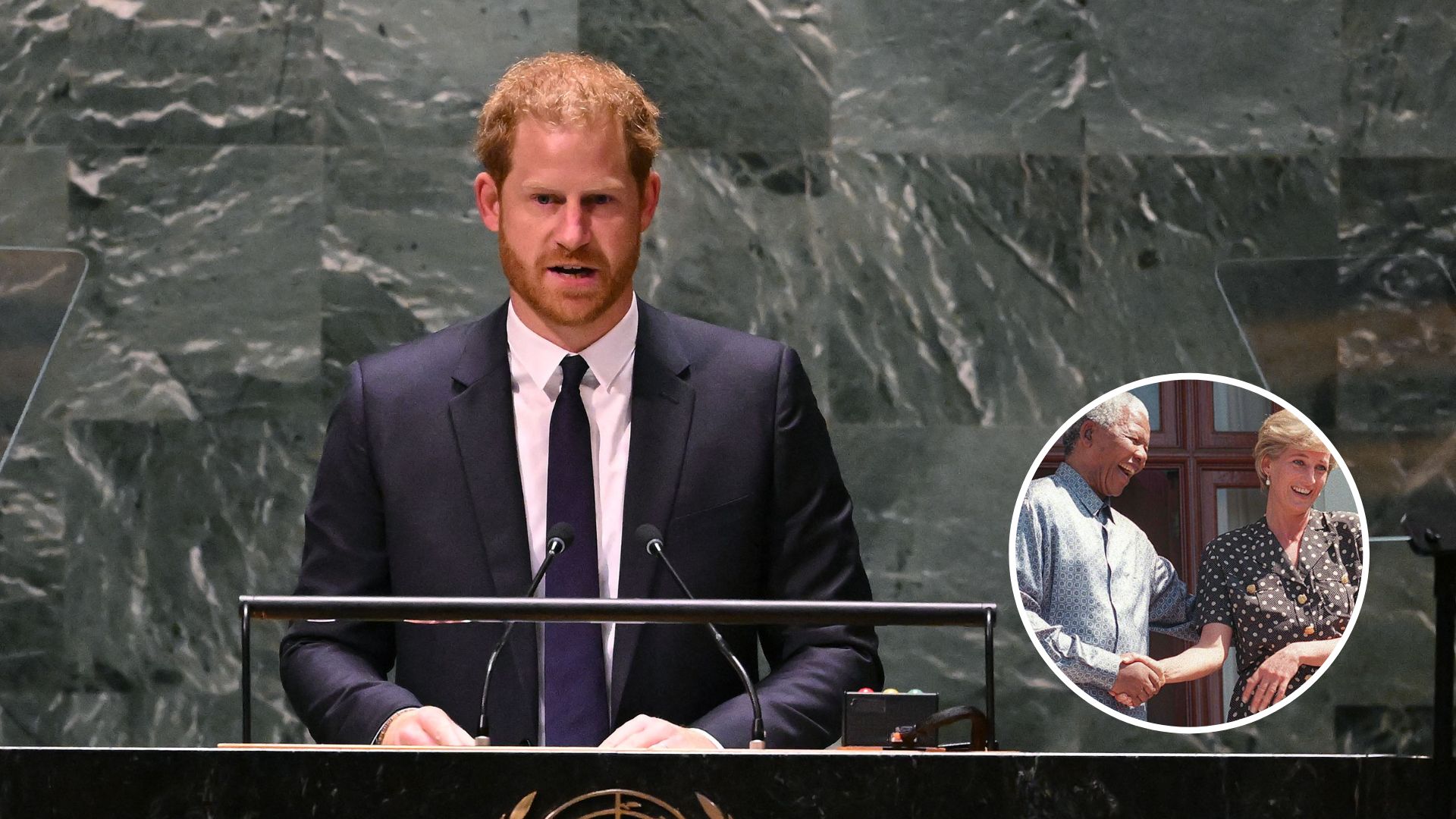 Na ONU, Harry homenageia jornada humanitária de Lady Di ao recordar foto com Nelson Mandela