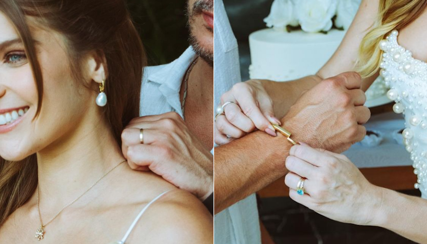 Isabella Santoni e o marido, Henrique Blecher, trocam joias no casamento civil