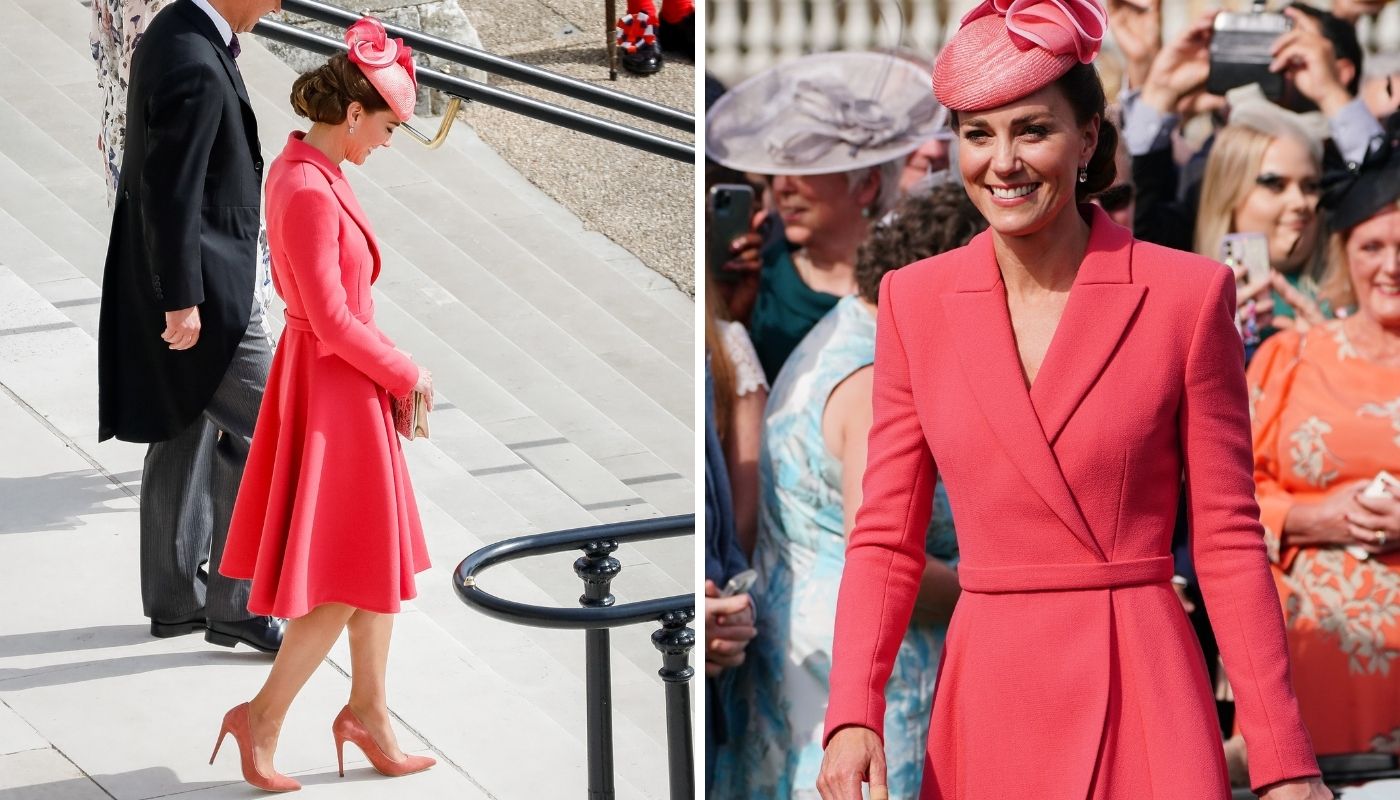 Kate Middleton em look coral para festa no jardim.